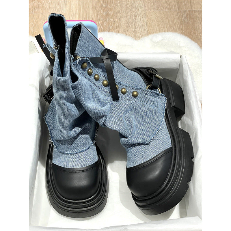 Kadınlar için Britanya Tarzı Platform Martin Batı Denim Botları