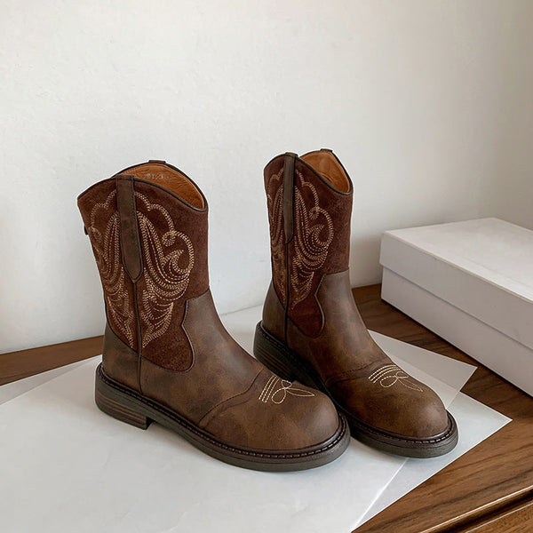 Kadınların Kahverengi Yaz Batı Cowboy Retro Kalın Botları