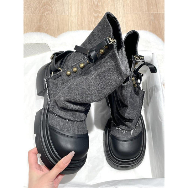 Kadınlar için Britanya Tarzı Platform Martin Batı Denim Botları