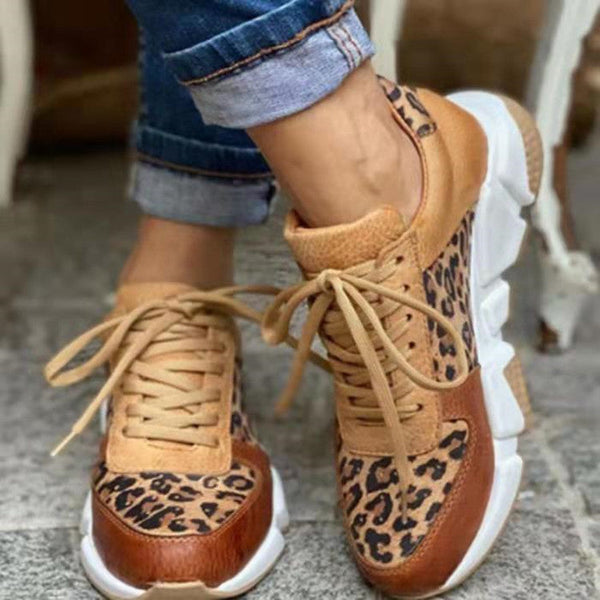 Yuvarlak Burun Ön Leopar Desenli Preppy Spor Ayakkabılar