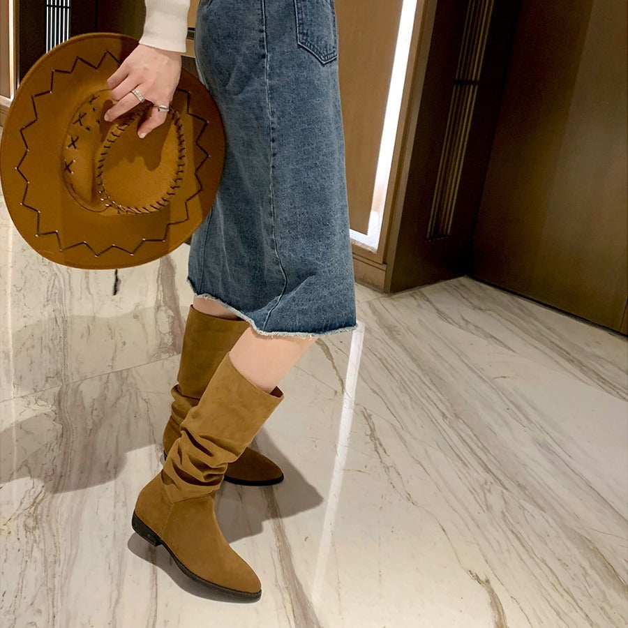 Kadınlar için Üzüm Anne Retro Sivri Burun Kalın Topuklu Batı Denim Botları