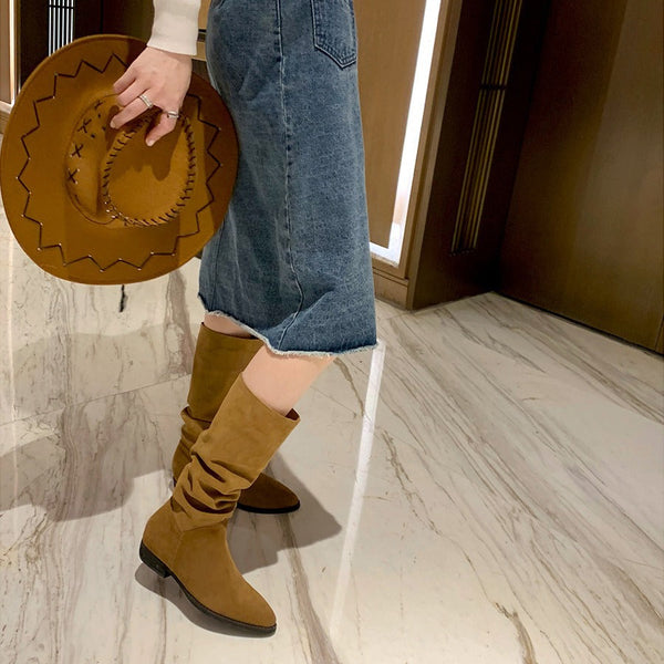 Kadınlar için Üzüm Anne Retro Sivri Burun Kalın Topuklu Batı Denim Botları