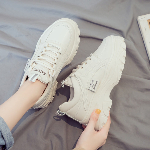 Kadınların Baba Modası Spor Polar Astarlı Beyaz Kalın Taban Sneaker