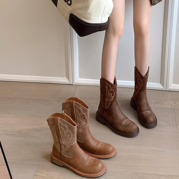Kadınların Kahverengi Yaz Batı Cowboy Retro Kalın Botları