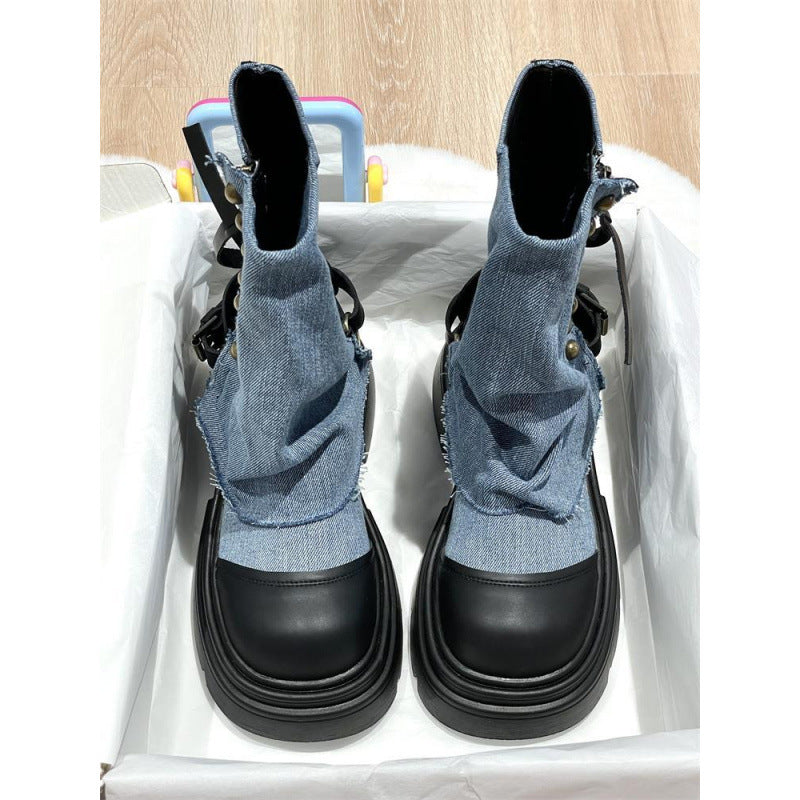 Kadınlar için Britanya Tarzı Platform Martin Batı Denim Botları