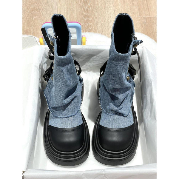 Kadınlar için Britanya Tarzı Platform Martin Batı Denim Botları