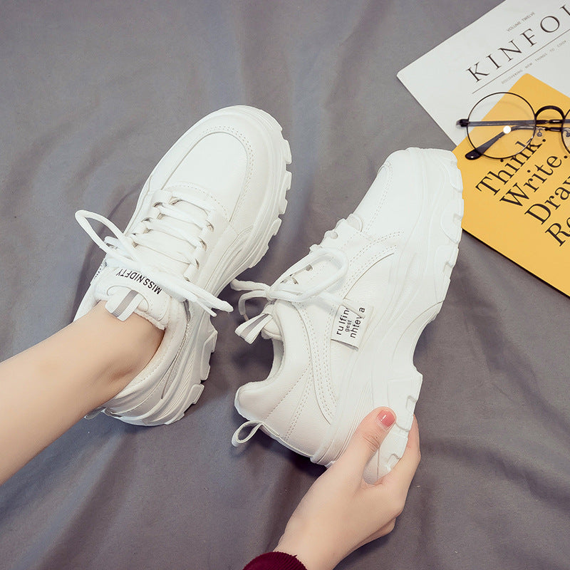 Kadınların Baba Modası Spor Polar Astarlı Beyaz Kalın Taban Sneaker