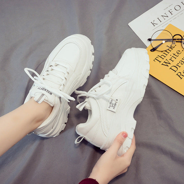 Kadınların Baba Modası Spor Polar Astarlı Beyaz Kalın Taban Sneaker
