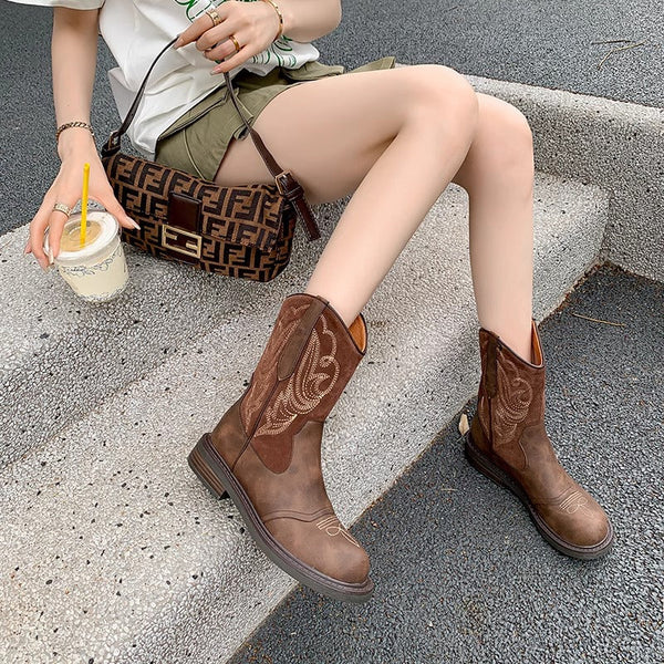 Kadınların Kahverengi Yaz Batı Cowboy Retro Kalın Botları