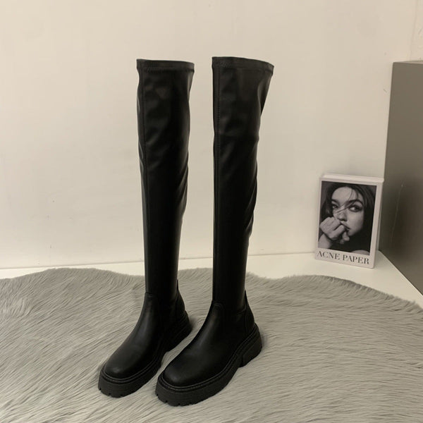 Kadınların Trendy İnce Şövalye Siyah Martin Botları