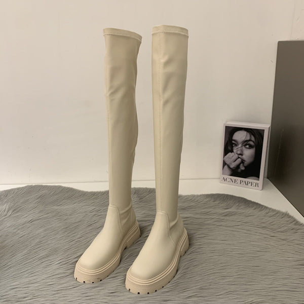 Kadınların Trendy İnce Şövalye Siyah Martin Botları
