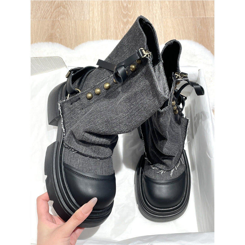 Kadınlar için Britanya Tarzı Platform Martin Batı Denim Botları