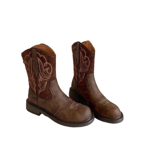 Kadınların Kahverengi Yaz Batı Cowboy Retro Kalın Botları