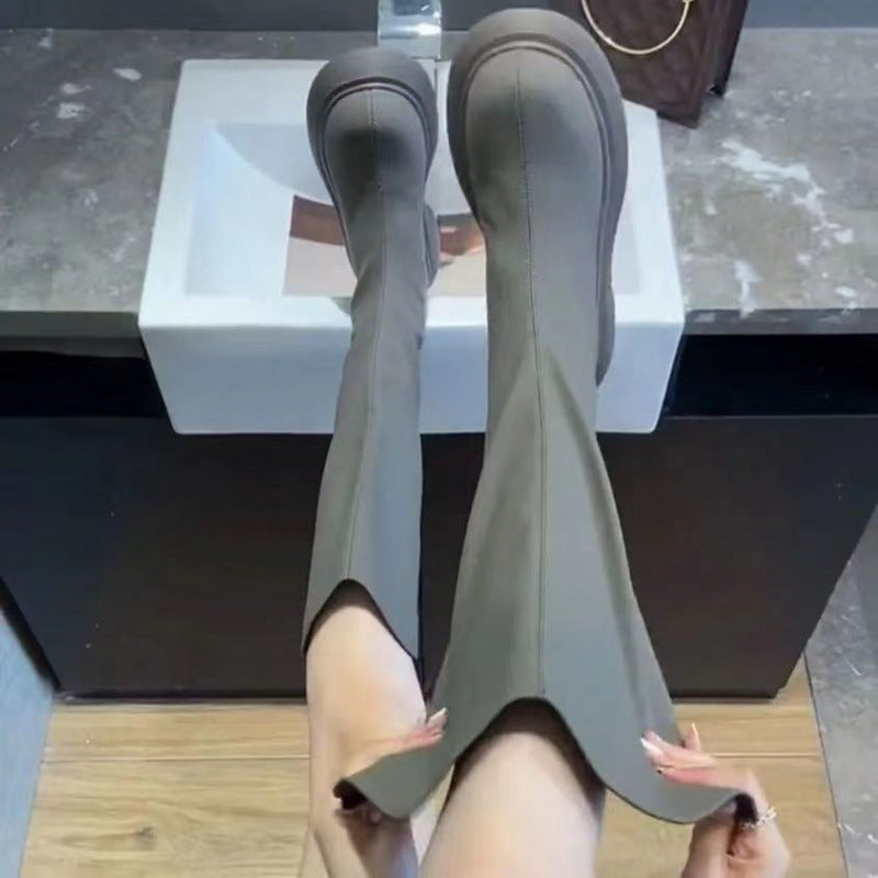 Yüksek Bacaklı Kadın Şövalye Skinny Kalın Taban Botlar