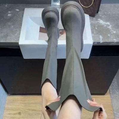 Yüksek Bacaklı Kadın Şövalye Skinny Kalın Taban Botlar