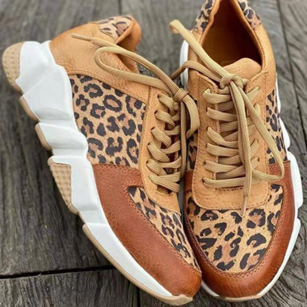 Yuvarlak Burun Ön Leopar Desenli Preppy Spor Ayakkabılar