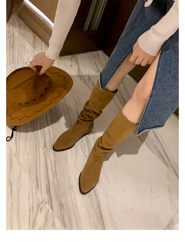 Kadınlar için Üzüm Anne Retro Sivri Burun Kalın Topuklu Batı Denim Botları