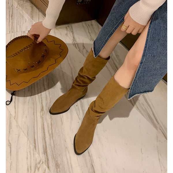 Kadınlar için Üzüm Anne Retro Sivri Burun Kalın Topuklu Batı Denim Botları