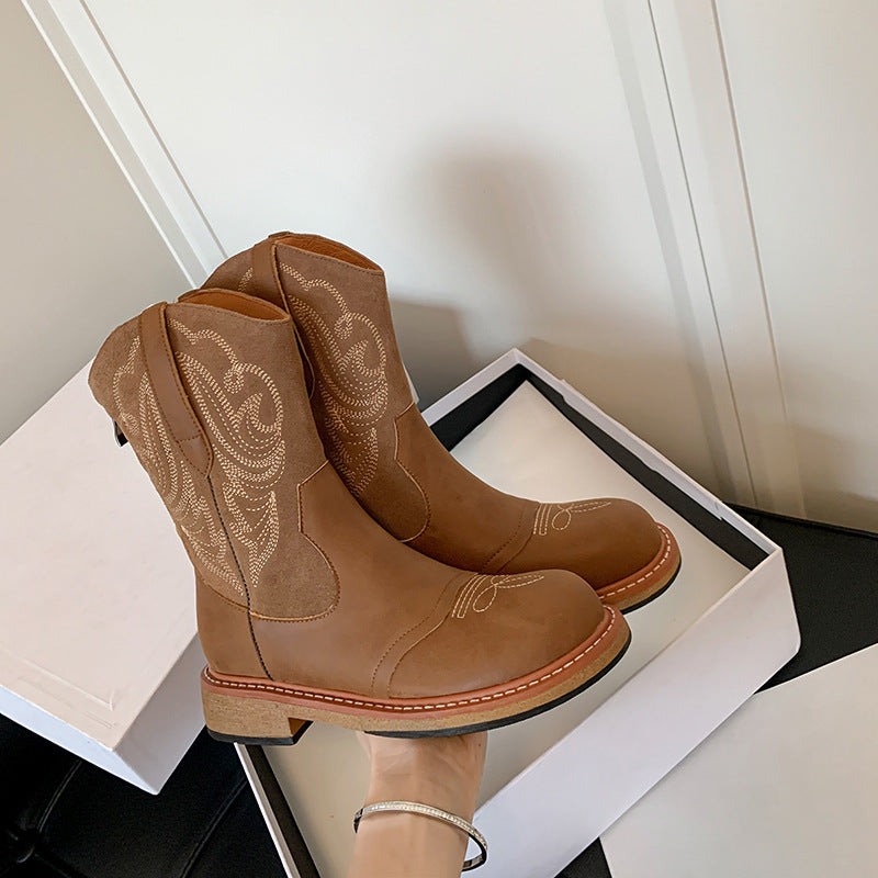 Kadınların Kahverengi Yaz Batı Cowboy Retro Kalın Botları