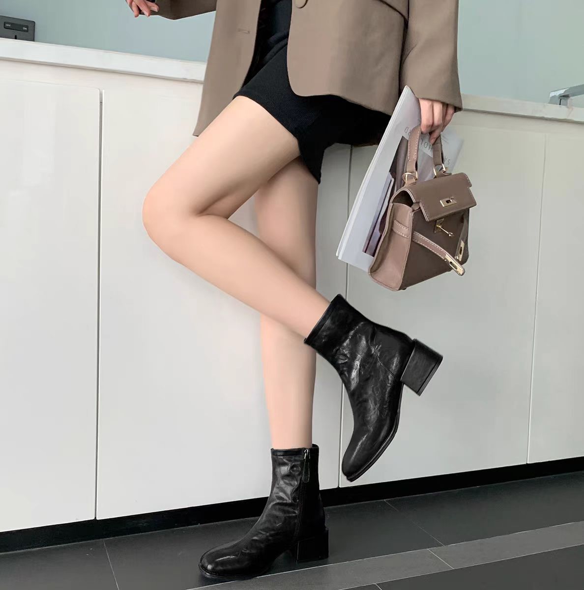 Kadınlar için Retro Skinny Kısa Kalın Küçük Bilek British Botları